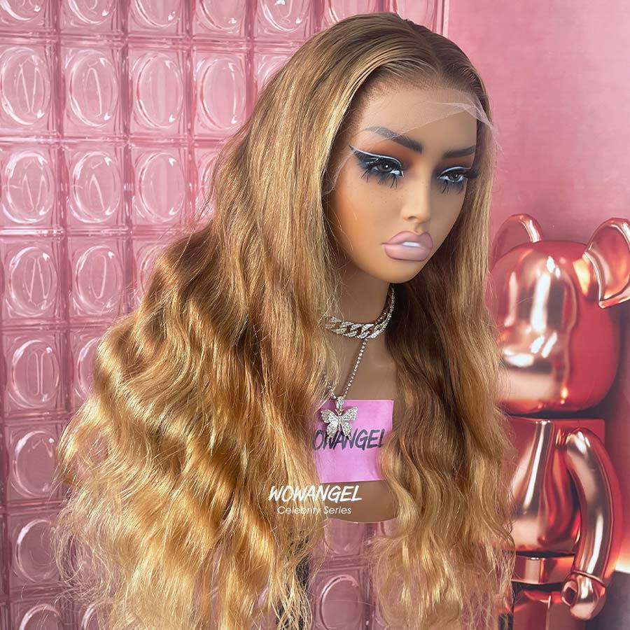 WOWANGEL long wavy honey blonde lace front wig displayed on mannequin for TikTok Live Sale in hair accessories category.