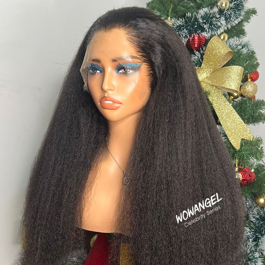 Wowangel Kinky Straight 13x6 HD Lace Front Glueless Wig on mannequin highlighting realistic hairline and thick kinky straight strands for natural look.