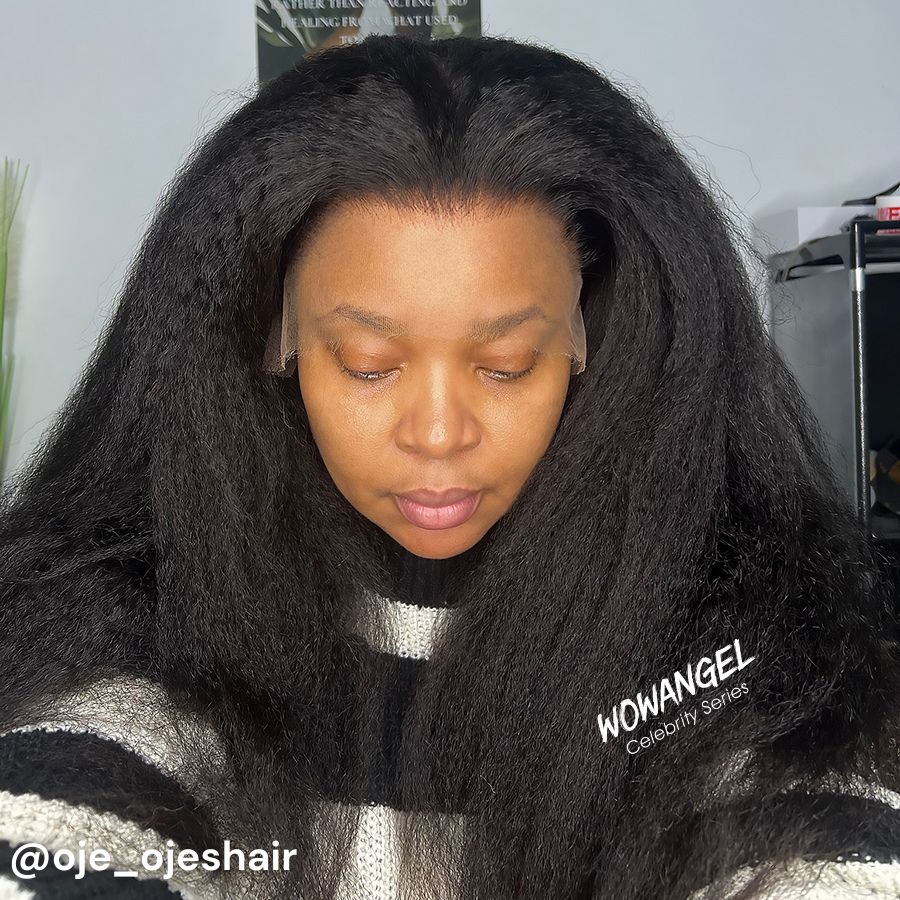 Wowangel Kinky Straight 13x6 HD Lace Front Glueless Wig worn by model showing seamless blend with natural hairline and full kinky straight texture.