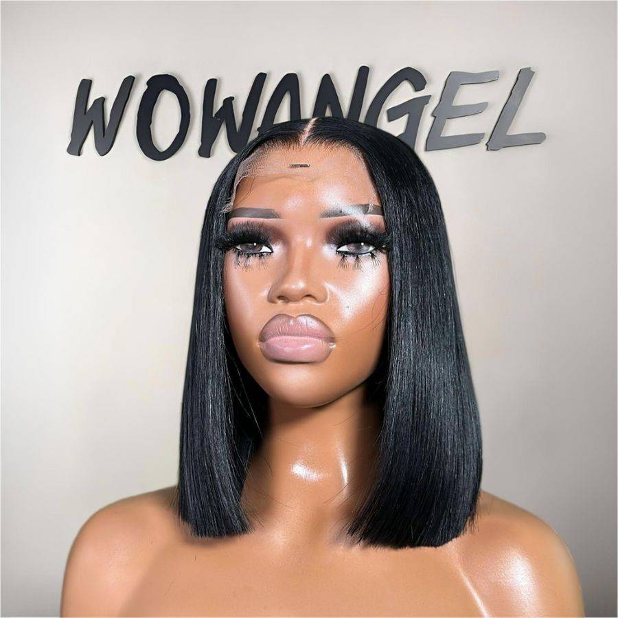 Angled front view of WOWANGEL Jet Black Bob Wig highlighting the flawless HD lace closure and blunt bob cut for a chic finish.