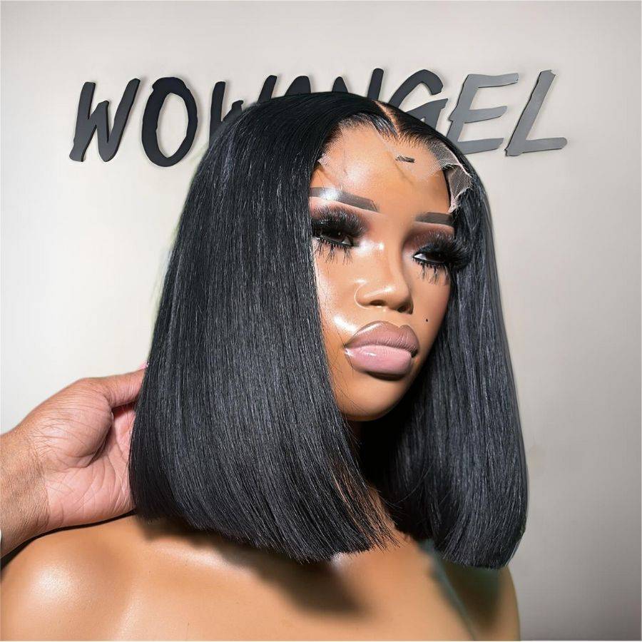 WOWANGEL Jet Black Bob Wig with HD lace closure shown on mannequin, featuring sleek straight cut and natural hairline for a realistic look.