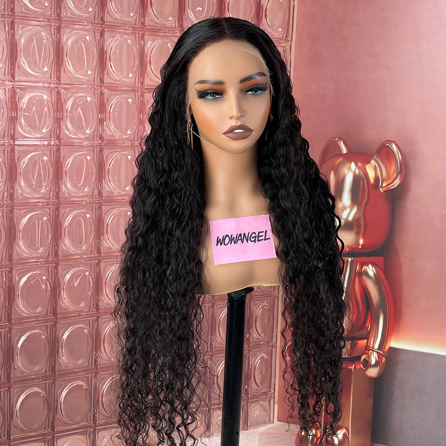 WOWANGEL curly black lace front wig with deep part, featured in TikTok Live Sale for stylish wig shoppers.