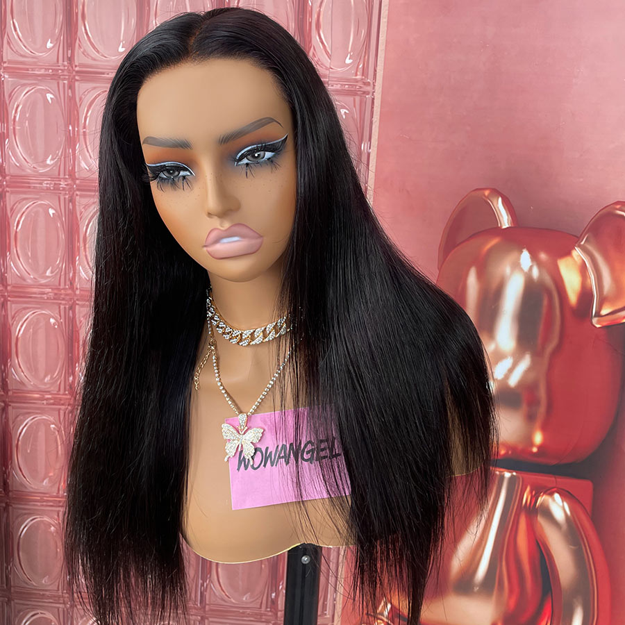 WOWANGEL sleek black lace front wig with middle part, displayed on mannequin for TikTok Live Sale event.