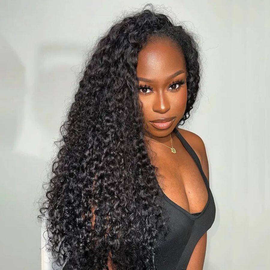 WOWANGEL Beginner-Friendly Curly Flip Over Wig worn by model with voluminous side-swept curls and natural hairline finish.