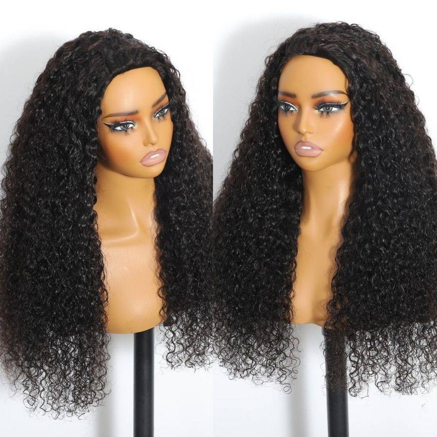 Front and angled views of WOWANGEL Curly Flip Over Wig on mannequin, featuring 100% virgin hair and natural black curls.