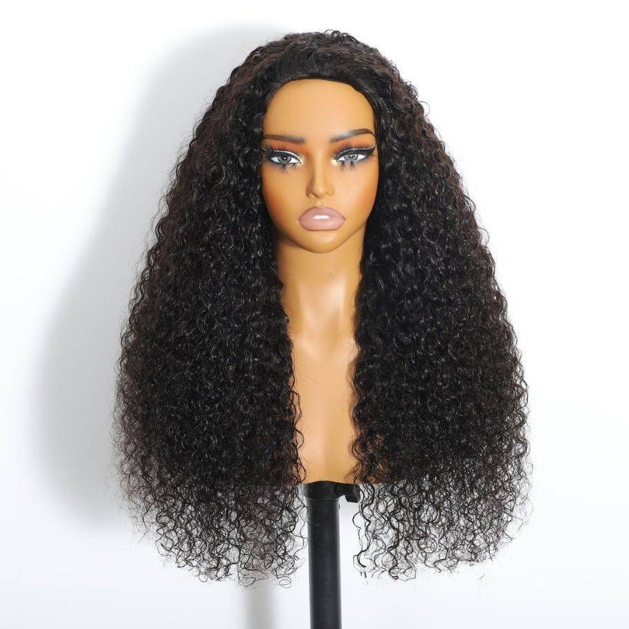 WOWANGEL Wear Go Half Wig displayed on mannequin with defined curly texture and seamless flip over design, ideal for beginners.
