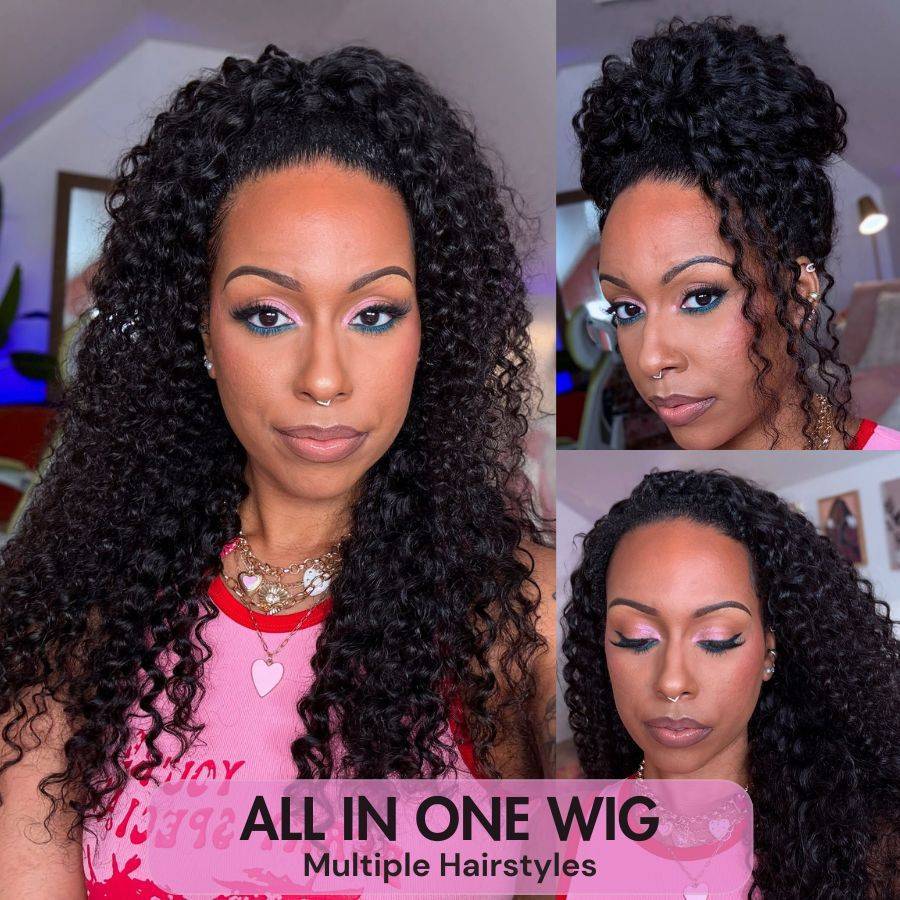 Beginner Curly Flip Over Wigs - WOWANGEL Wear Go shown in three versatile hairstyles on model, highlighting multi-style capability and natural texture.