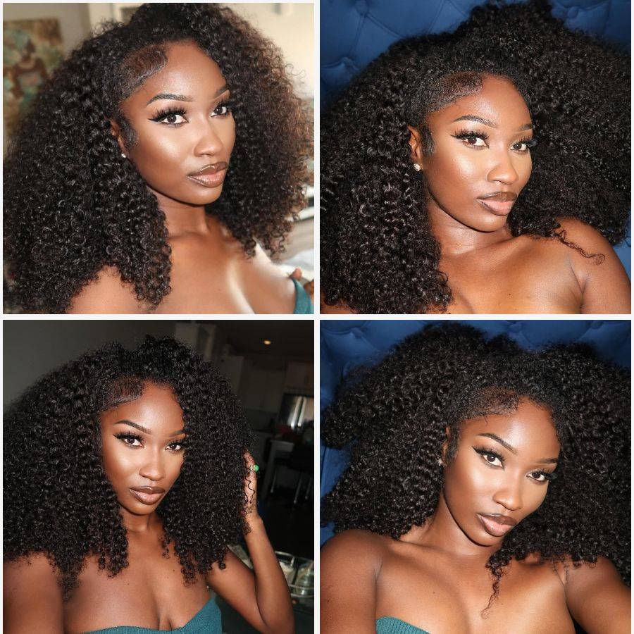 WOWANGEL Half Wig displayed in four views on model, highlighting the kinky curly texture and seamless blend for versatile styling.