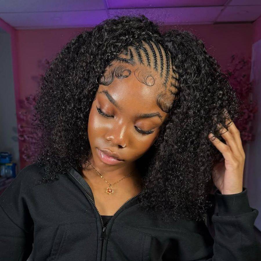 WOWANGEL Kinky Curly Half Wig styled with cornrow base and baby hairs, emphasizing secure fit and natural hairline appearance.