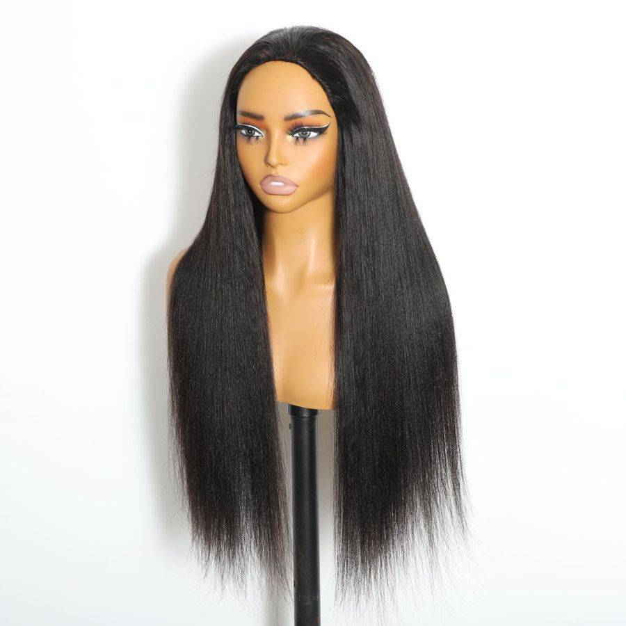 WOWANGEL Yaki Straight Half Wig on mannequin with sleek, long strands and realistic hairline, perfect for everyday wear.