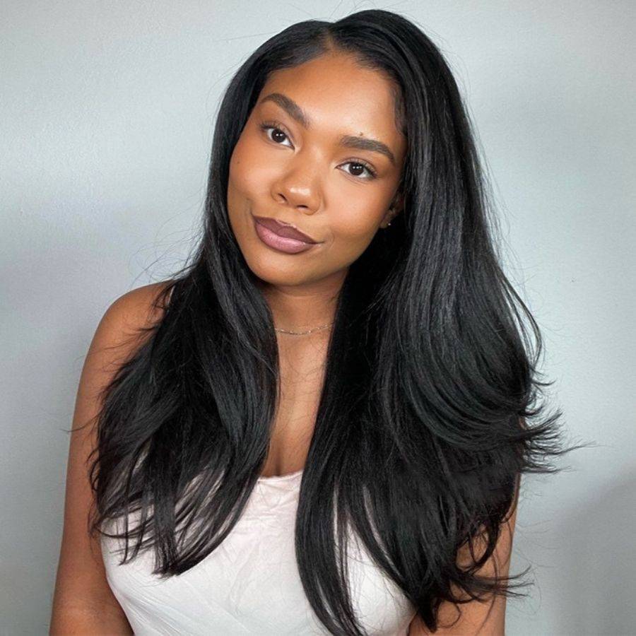 WOWANGEL Yaki Straight Half Wig styled on a model with natural black finish and seamless flip over part, ideal for beginners.