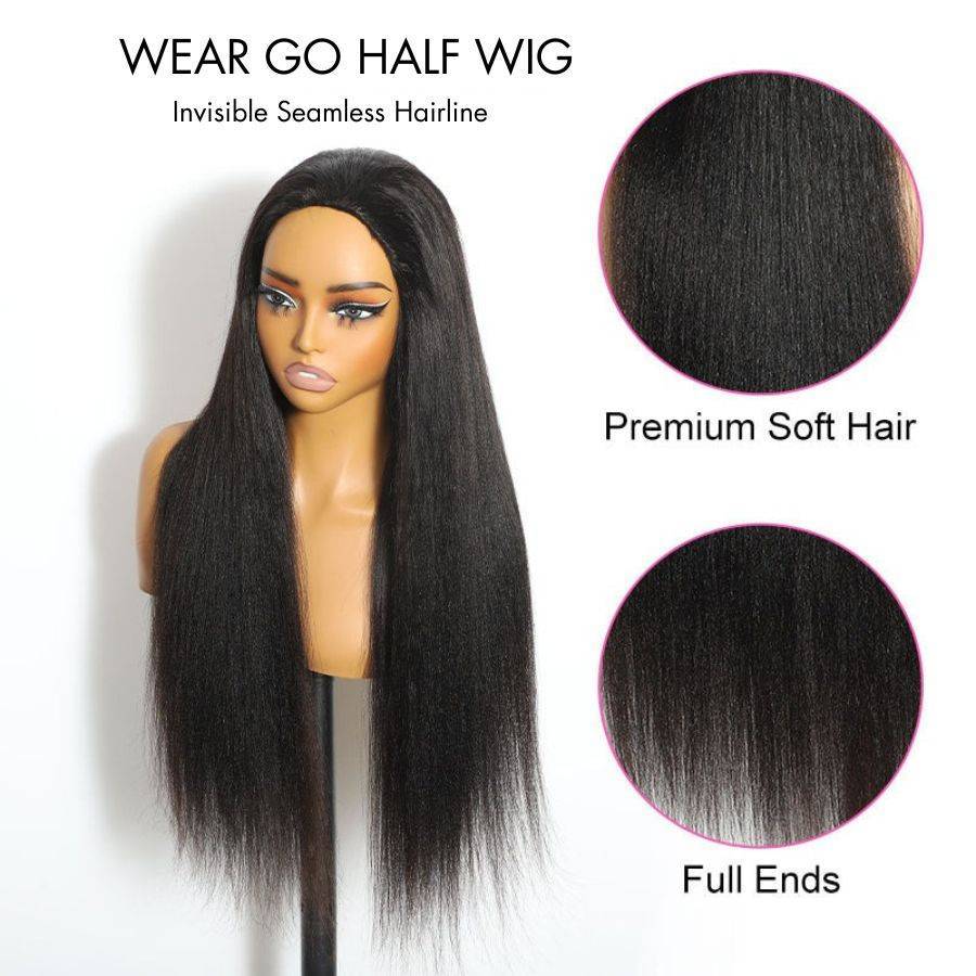 Yaki Straight Half Wig by WOWANGEL shown with premium soft hair and full ends, highlighting seamless hairline and natural texture.
