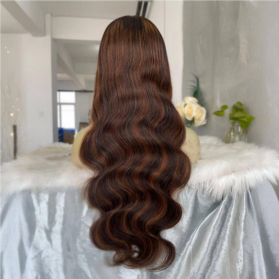 Back view of WOWANGEL Brown Highlights Lace Front Wig showcasing long body wave curls and rich brown tones with subtle highlights.