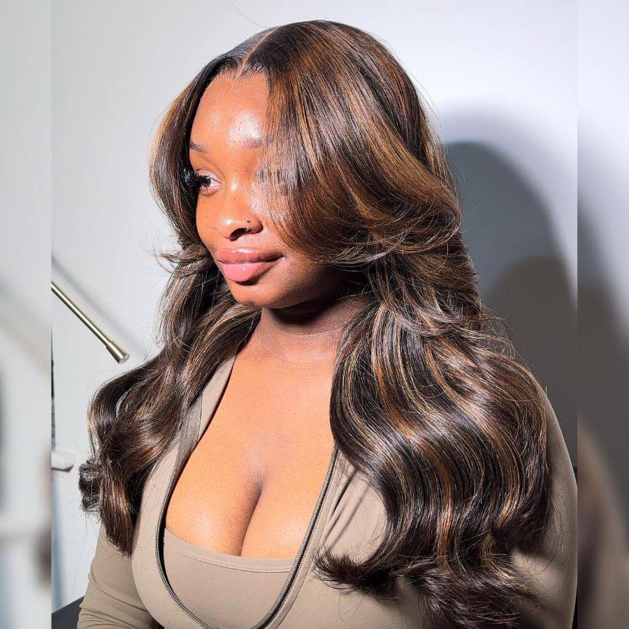 WOWANGEL Brown Highlights Lace Front Wig worn by a model, highlighting the 13x6 HD lace front and voluminous body wave style.