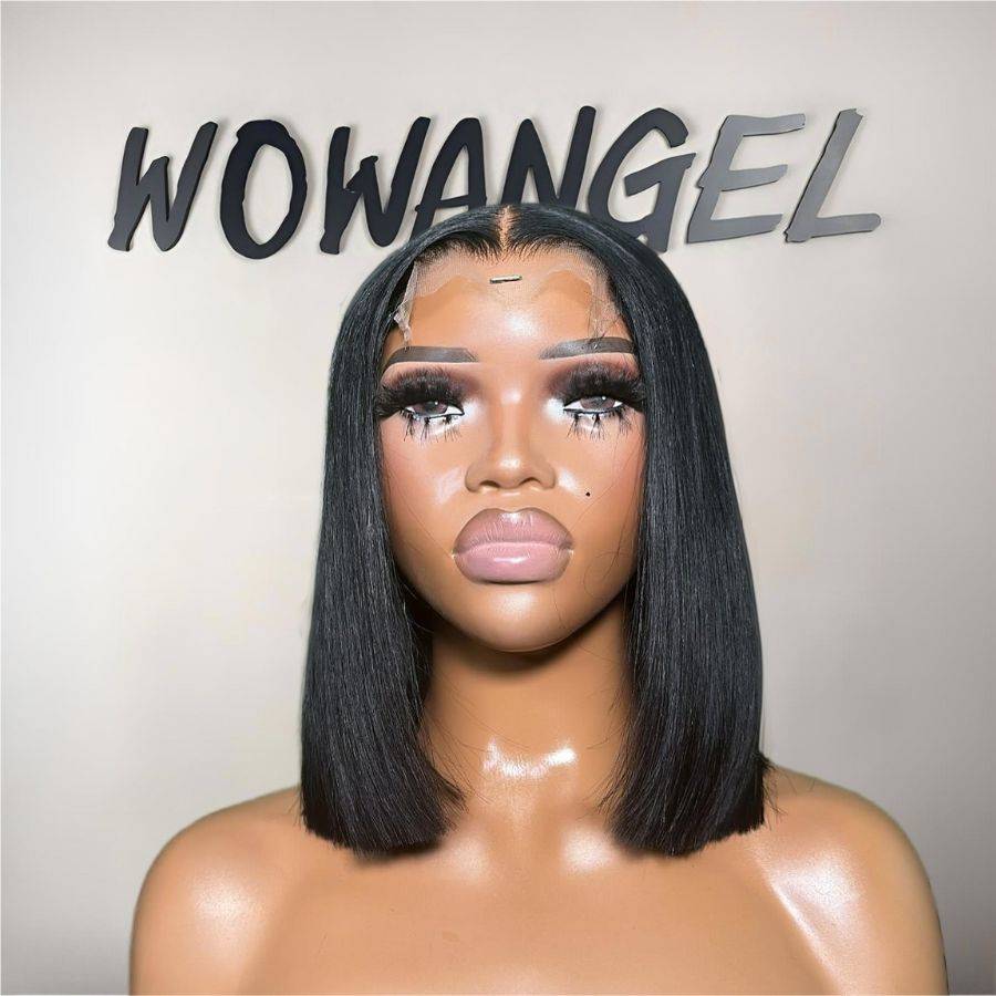Front view of WOWANGEL Jet Black Bob Wig with 5x5 HD lace closure, showcasing natural parting and smooth, straight texture.