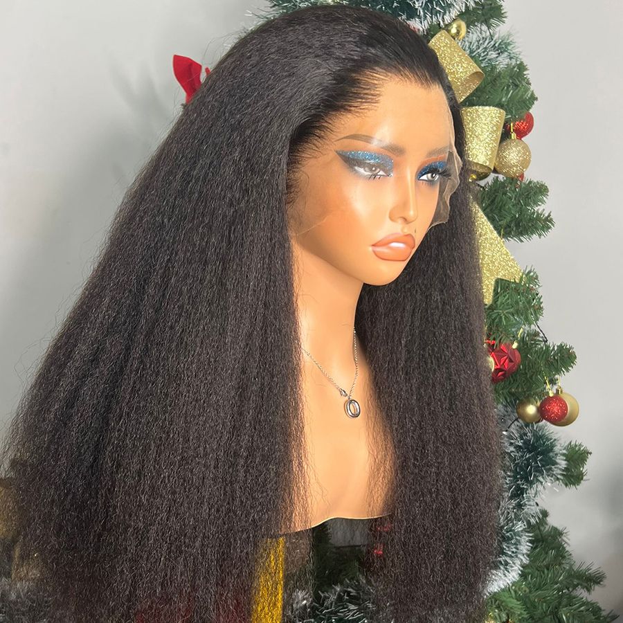 Wowangel Kinky Straight 13x6 HD Lace Front Glueless Wig displayed on mannequin with natural hairline and voluminous texture, ideal for realistic styling.