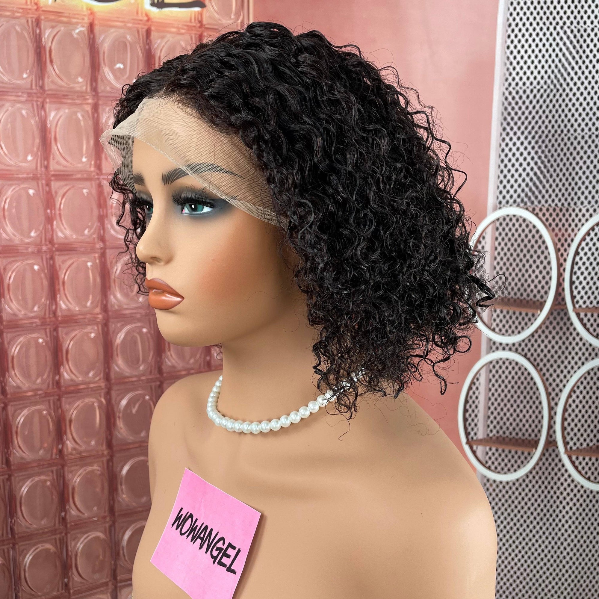 WOWANGEL side view of short curly lace front wig, perfect for TikTok Live Sale in wigs and hair accessories.