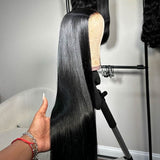 UK Shipping | Jet Black 13X6 HD Lace Full Frontal Wig Straight Clean Hairline - wowangel