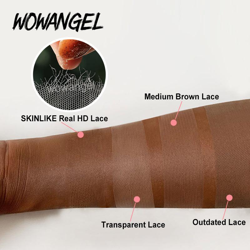 Comparison of lace types showing SKINLIKE Real HD Lace, Medium Brown Lace, Transparent Lace, and Outdated Lace on arm for wig base clarity.