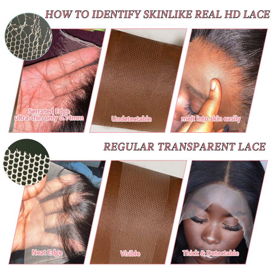 Guide comparing SKINLIKE Real HD Lace vs Regular Transparent Lace, highlighting lace thickness, edge visibility, and skin blending.