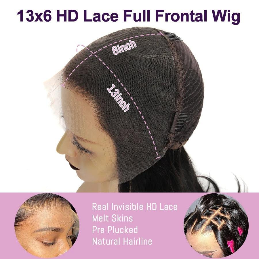 Diagram of WOWANGEL 13x6 HD Lace Wig structure showing lace dimensions, pre-plucked hairline, and natural scalp look.