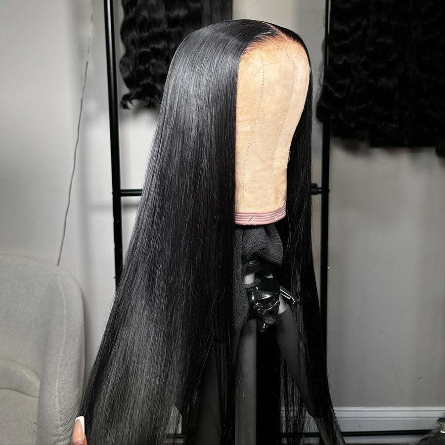 WOWANGEL 13x6 HD Lace Frontal Wig on mannequin with sleek jet black straight hair and clean invisible hairline, ideal for natural styling.