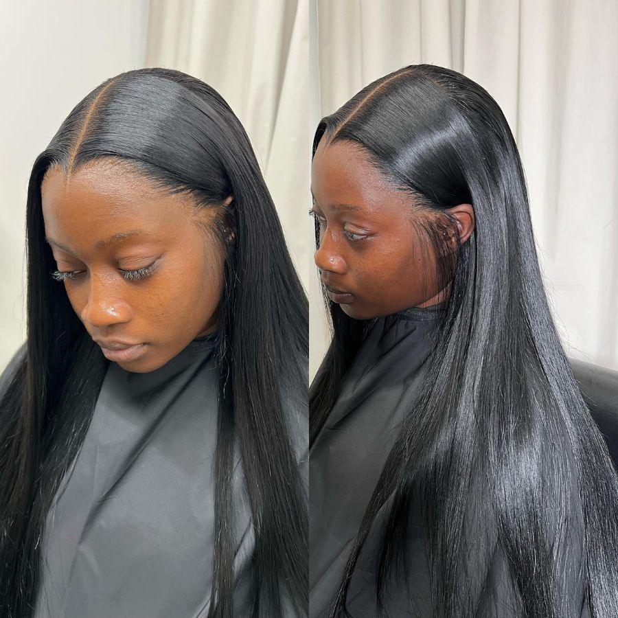 Model wearing WOWANGEL 13x6 HD Lace Frontal Wig with straight jet black hair and realistic pre-plucked hairline for seamless blend.