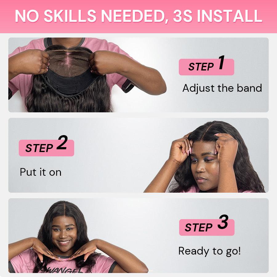 Step-by-step guide showing 3-second install of WOWANGEL glueless wig: adjust band, put on, and ready to go with no skills needed.