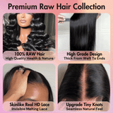 Premium Raw Hair Collection by WOWANGEL highlighting 100% raw hair, HD lace, seamless knots, and thick weft-to-end design.