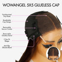 WOWANGEL 5x5 glueless cap shown on a mannequin head with labeled callouts pointing to features such as pre-bleached tiny knots, breathable cap design, removable secure combs, removable glueless band, C ear fit shape, and anti-slip silicone band. The cap is black and semi-sheer, with the mannequin's brown hair visible around it.