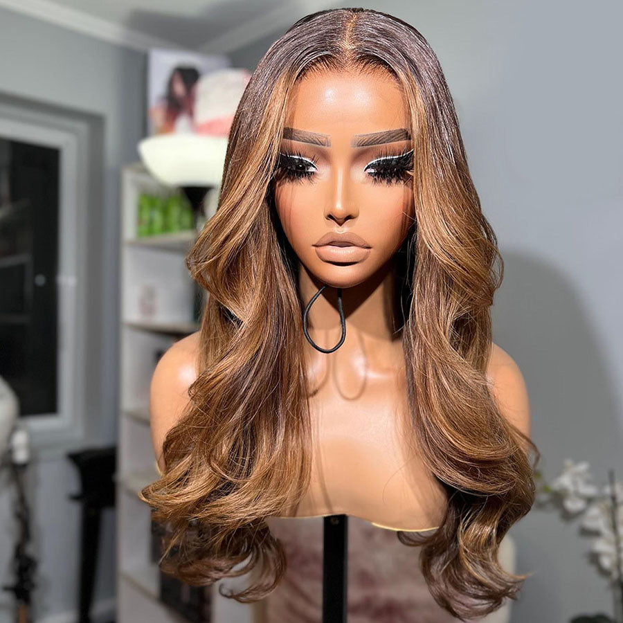 WOWANGEL Balayage HD Lace Full Frontal Wig Highlight Brown Color Wig Body Wave
