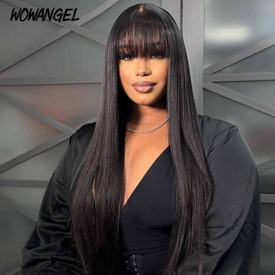 Glueless Wig with Bangs Black Straight 5x5 HD Lace Closure