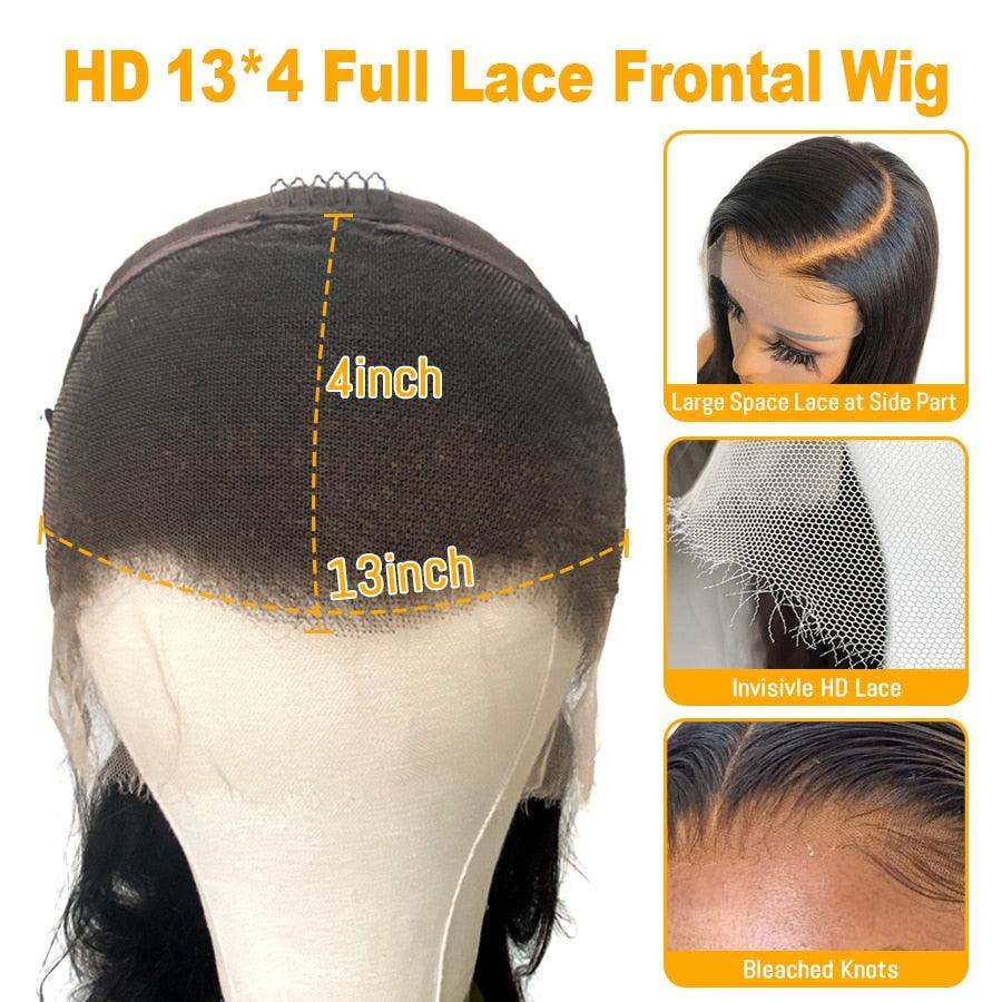 HD 13x4 Full Lace Frontal Wig diagram showing lace dimensions, invisible HD lace, and bleached knots for natural hairline appearance.