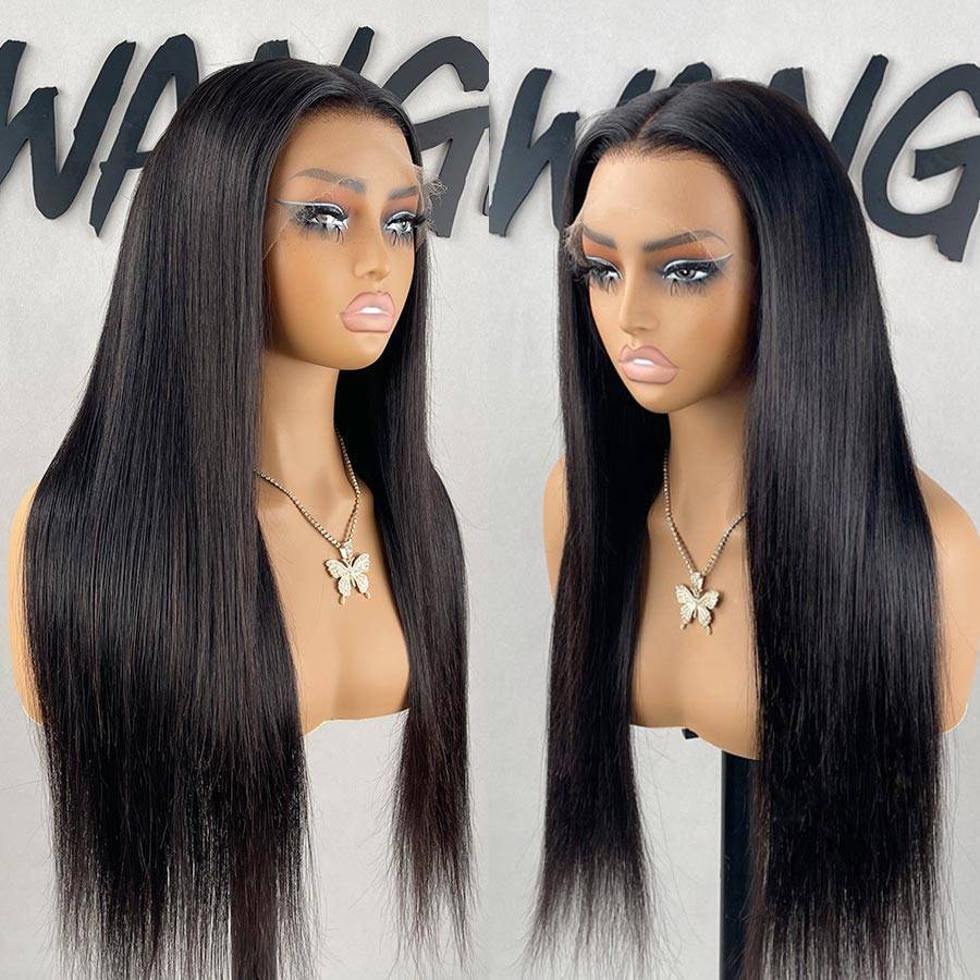 Front and side views of WOWANGEL HD Lace Front Wig on mannequin with sleek straight style and butterfly necklace. Available for UK shipping.