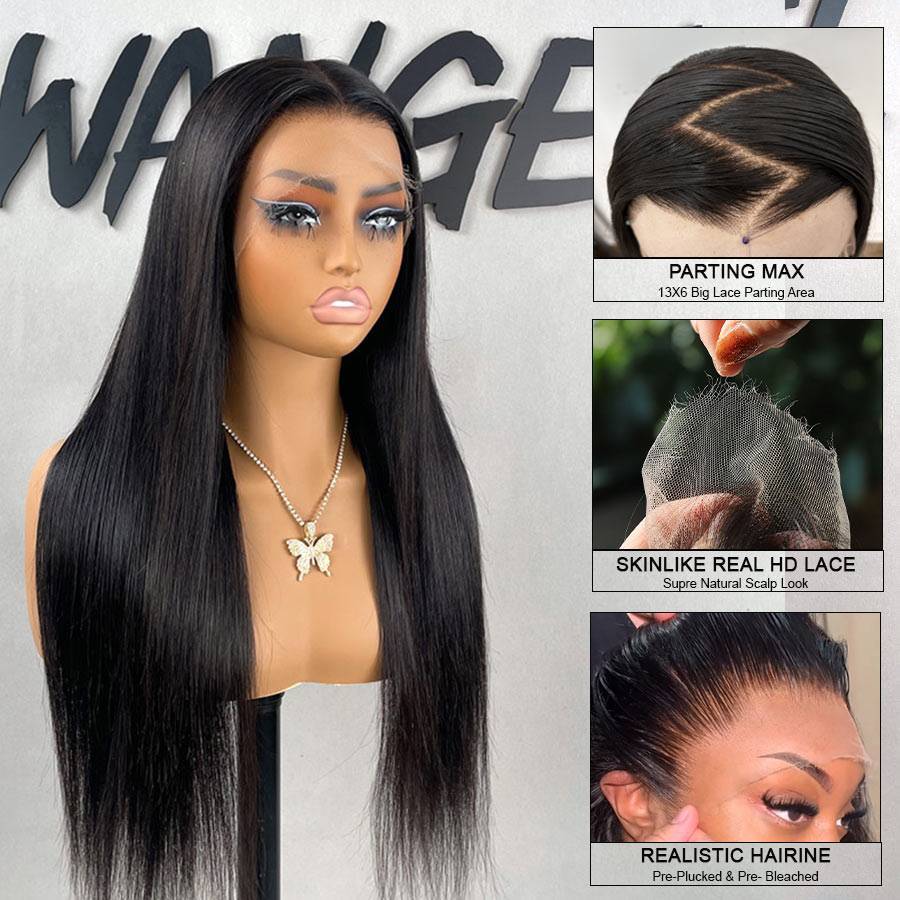 WOWANGEL 13x6 Skinlike Real HD Lace Front Wig on mannequin with close-ups of lace parting, realistic hairline, and natural scalp look. Shop in UK.