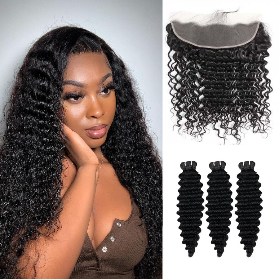 WOWANGEL 13x4 Skinlike Real HD Lace Frontal with 3 Bundles Deep Wave