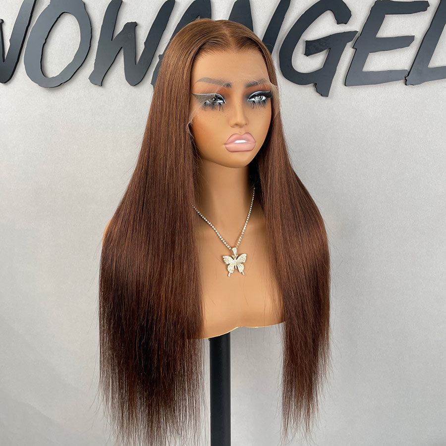 WOWANGEL Chestnut Brown Lace Front Wig displayed on mannequin with middle part and pre-plucked 13X6 HD lace for natural finish.