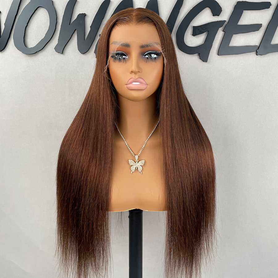 Front view of WOWANGEL 13X6 HD Lace Front Wig in Chestnut Brown on mannequin, highlighting full density and realistic hairline.