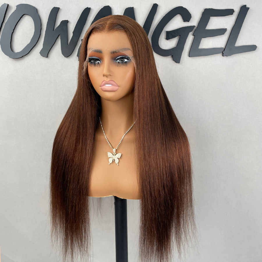 WOWANGEL Chestnut Brown HD Lace Wig on mannequin with butterfly necklace, featuring sleek straight strands and natural lace front.