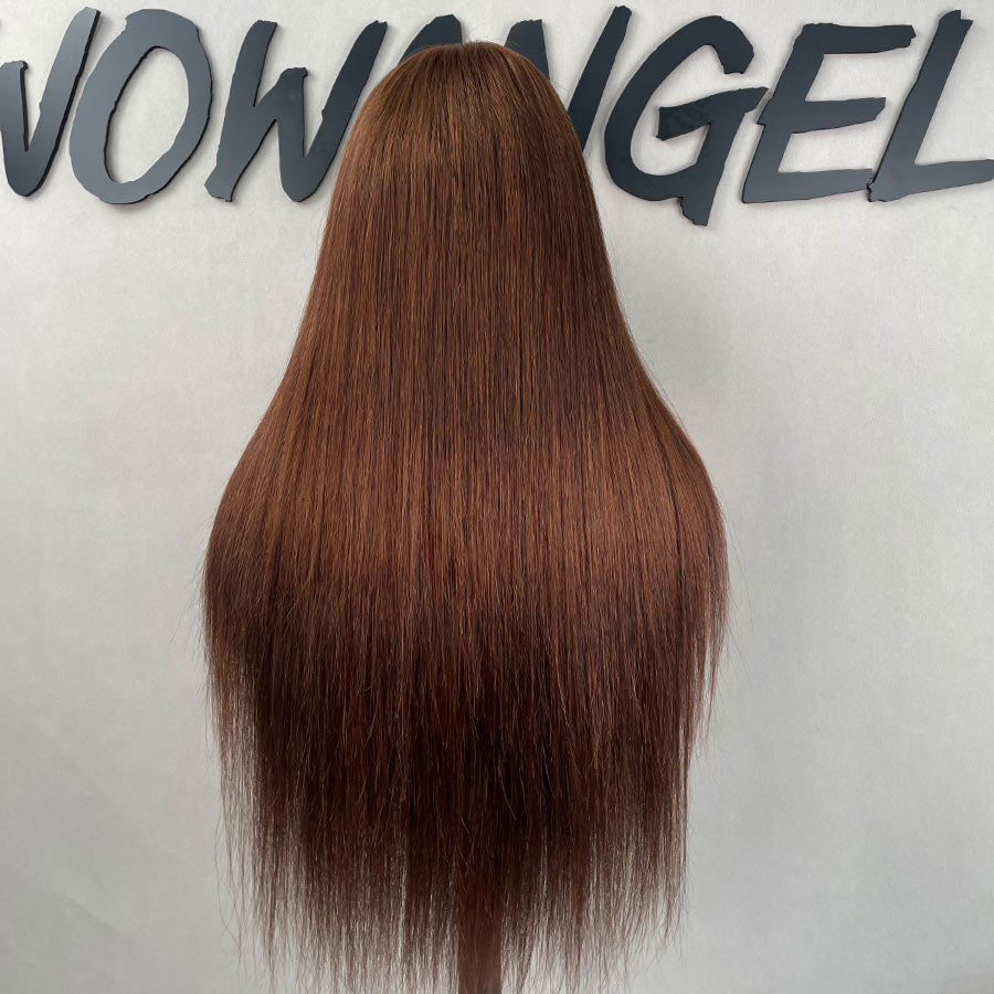 Back view of WOWANGEL Chestnut Brown Lace Front Wig showing full length and smooth straight texture for a polished finish.