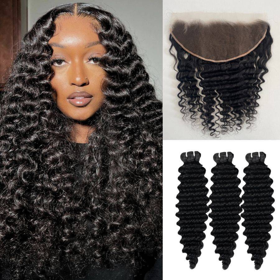 WOWANGEL HD Lace Frontal with Deep Wave Bundles shown on model with voluminous curls and included 13x6 lace frontal and 3 deep wave bundles.