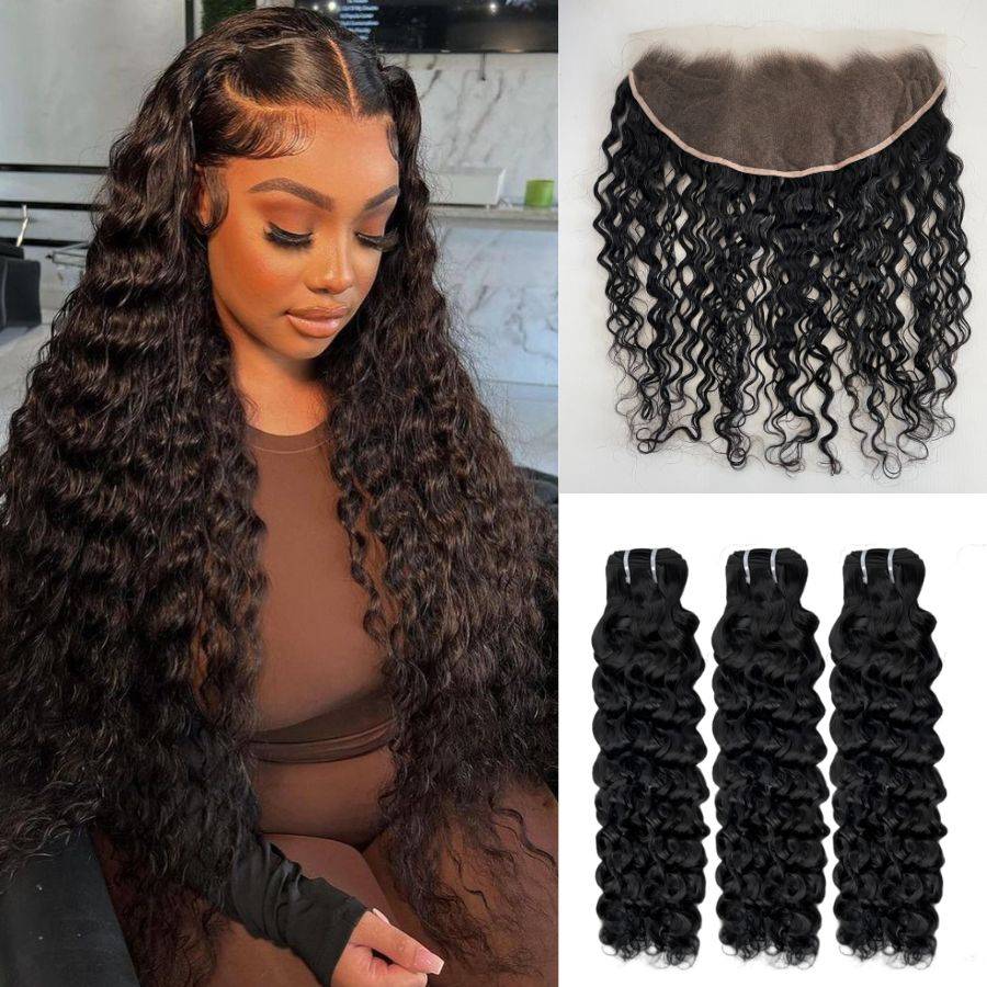 WOWANGEL HD Lace Frontal with Water Wave Bundles shown on model with long curly virgin hair and product layout including 13x6 lace frontal and 3 bundles.