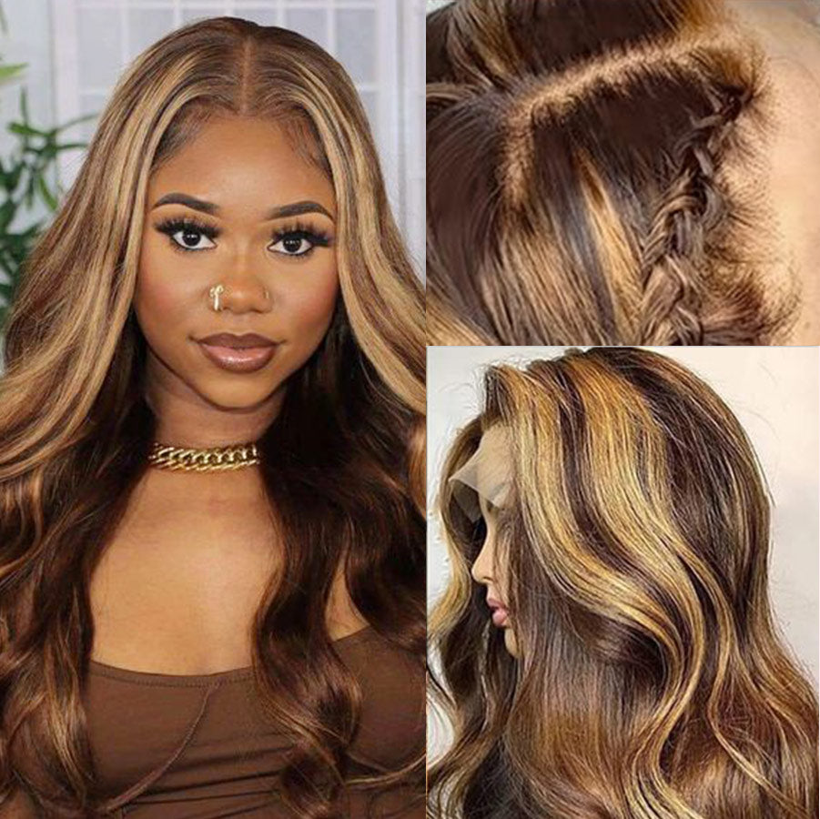 WOWANGEL Highlight Color 13x6 Skinlike Real HD Lace Front Wig Body Wave 5x5 Lace Closure Wig