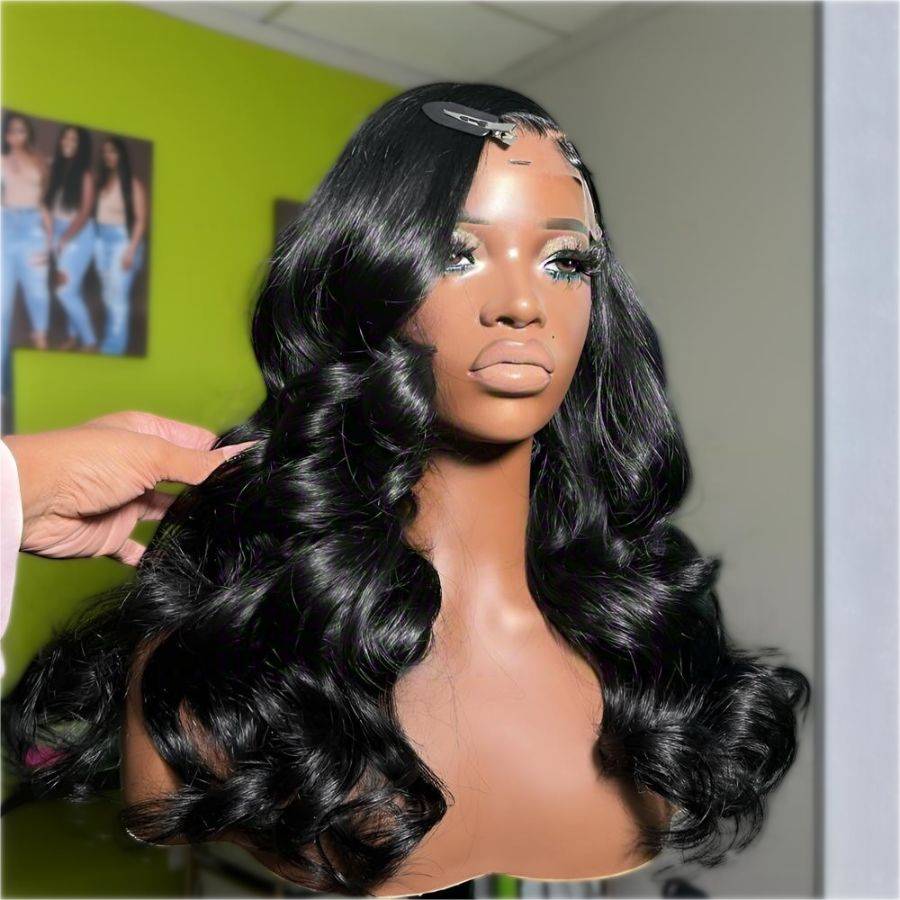 Side angle of jet black 13X6 HD lace front wig with body wave texture, highlighting natural hairline and USA shipping availability.