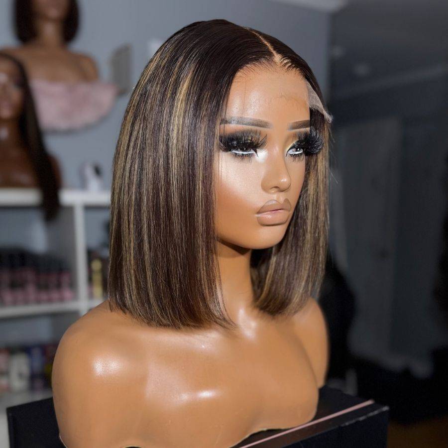 Side angle of WOWANGEL HD Lace Closure BOB Wig, highlighting its sleek straight cut, natural parting space, and flawless lace blend.