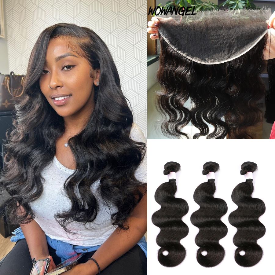 WOWANGEL 13x6 HD Lace Frontal with Body Wave Bundles, 100% virgin human hair in natural black. Soft, thick, and natural-looking extensions.