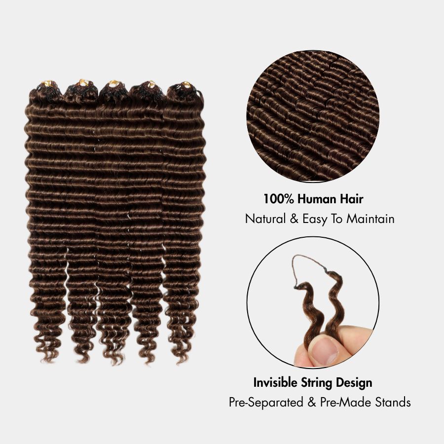 WOWANGEL Dark Brown Color Pre-Separated Feather Crochet Human Hair Extensions for Miracle Knots Boho Braids Deep Wave