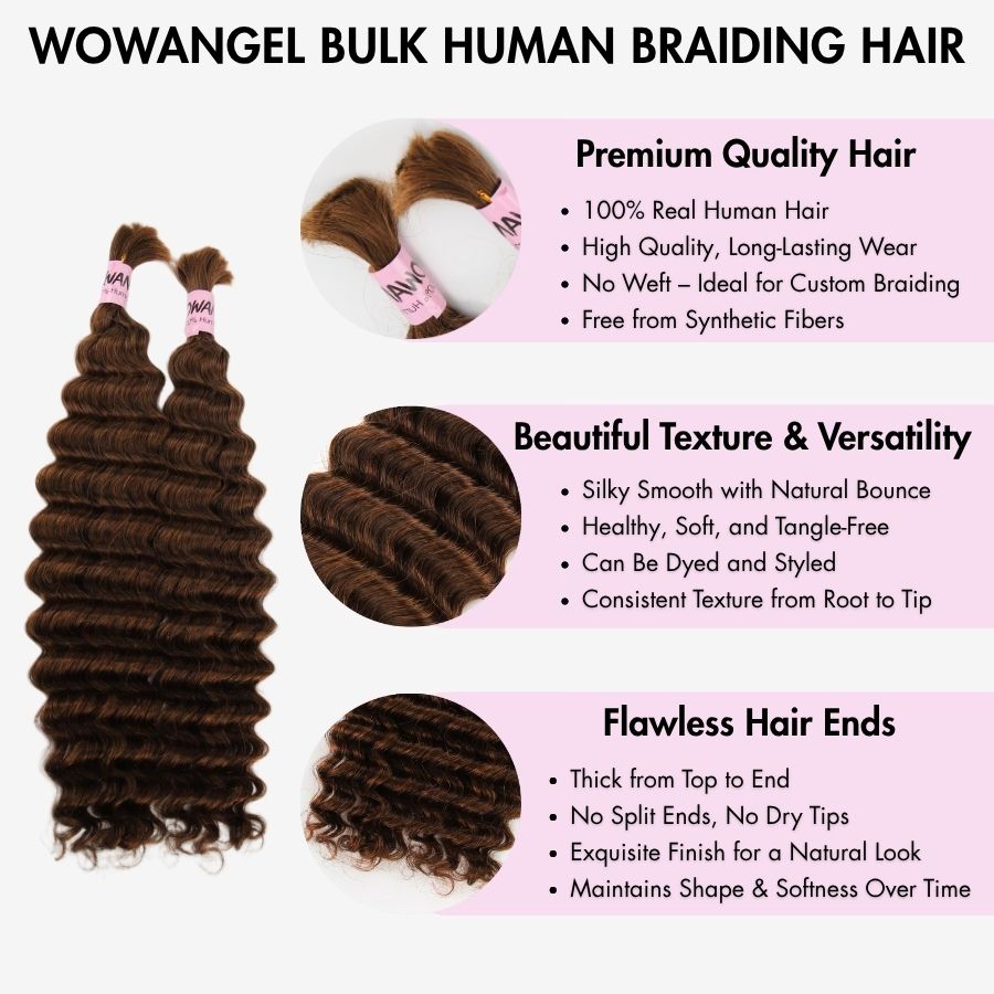 WOWANGEL #4 Brown Bulk Human Hair for Braiding Deep Wave 100g