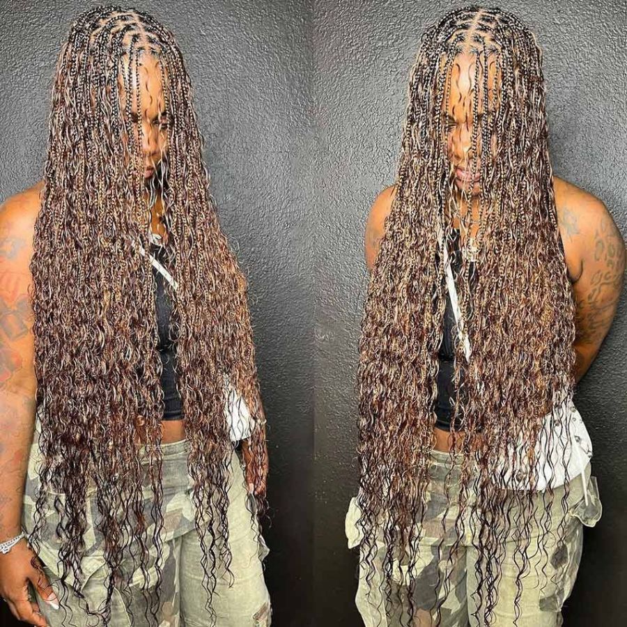 Full-length braids with brown deep wave human hair extensions.