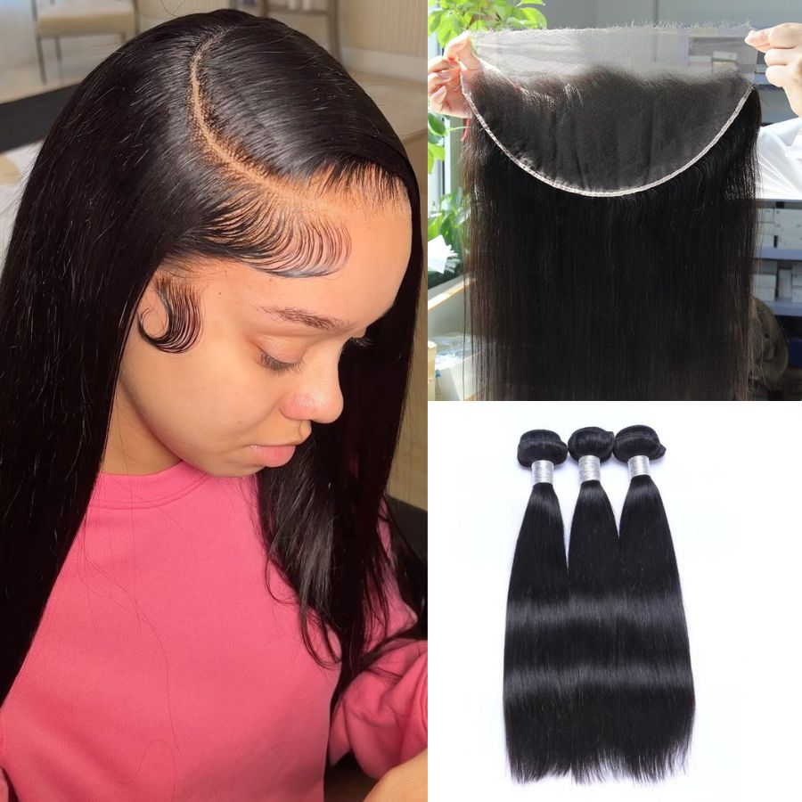 WOWANGEL 13x6 HD lace frontal with three straight hair bundles, offering natural black virgin hair for a seamless look. Can be dyed and lasts over a year.